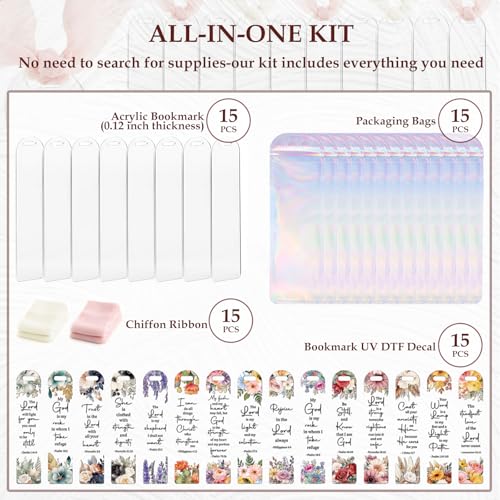 Dazoratix Christian Acrylic Bookmark Blanks - 60 Pcs Inspirational Bible Verse Making Kit Colorful Flower Religious Clear UV DTF Transfer Stickers with Ribbons DIY Craft for Reading Women Book Lovers