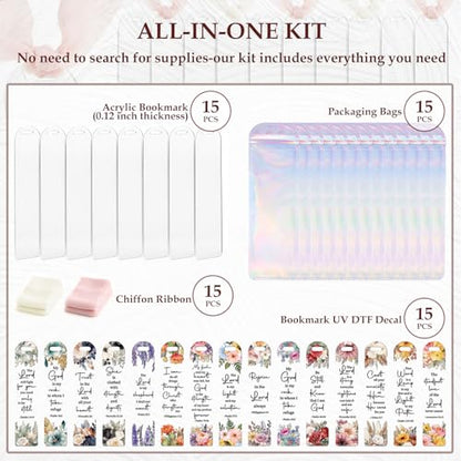 Dazoratix Christian Acrylic Bookmark Blanks - 60 Pcs Inspirational Bible Verse Making Kit Colorful Flower Religious Clear UV DTF Transfer Stickers with Ribbons DIY Craft for Reading Women Book Lovers