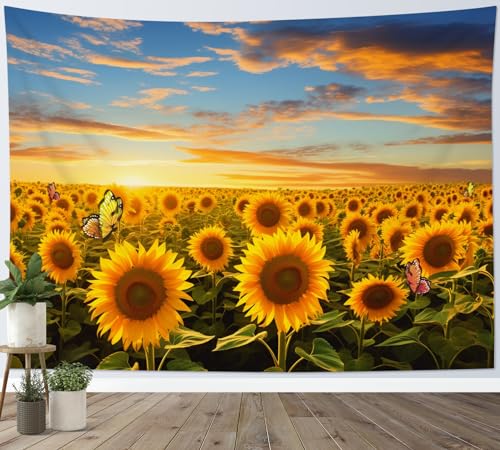 HVEST Sunflower Tapestry Wall Hanging Country Yellow Floral and Butterfly Tapestry for Bedroom, Sunset with Sunflower Field Nature Landscape Wall Art for Living Room Dorm Home Decor, 60W X 40H inches - color: Yellow, size: 40"L x 60"W