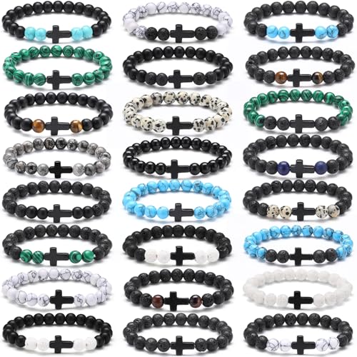 Huquary 24 Pcs Cross Beaded Bracelets, 8mm Christian Stone - color: Classic