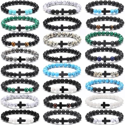 Huquary 24 Pcs Cross Beaded Bracelets, 8mm Christian Stone - color: Classic