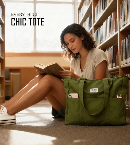 Bagelite Extra Large Canvas Tote Bag for Women Men, Utility Work Bags with Zipper - color: Olive