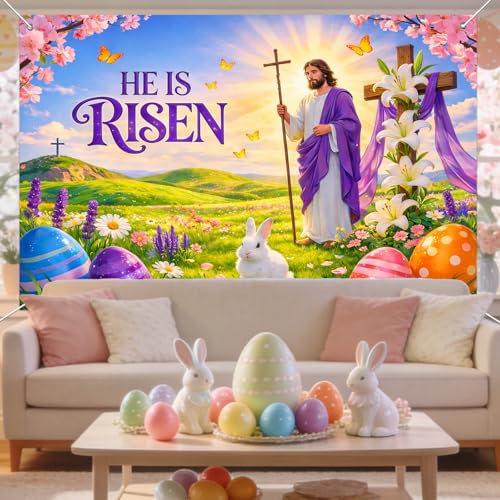 IVN He Is Risen Easter Banner 71x43 Inch Christian Jesus Cross Lilies Eggs - color: He Is Risen Jesus Cross Religious Easter