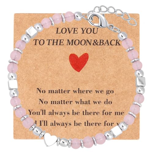 Beaded Bracelets for Women, Inspirational Natural Gemstone Bracelets Graduation Mothers Day Christmas Birthday Gifts for Mom, Daughter, Granddaughter, Wife, Sister, Best Friend - color: Rose Quartz, style: Heart