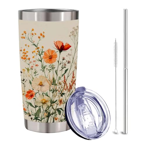 Orange Wildflower Tumbler 20 oz, Insulated Stainless Steel Cup with Lid and Straw, Cream Botanical Meadow Travel Coffee Mug, Gifts for Women Mom, Flower Lovers - color: Vintage Wildflower