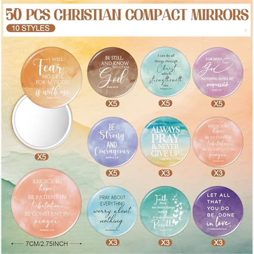 Feifeiya 50 Sets Christian Gifts Bulk for Church Bible Verses Ballpoint Pens Religious Emergency Bookmarks Compact Mirrors for Women Grandmother Bible Study Group