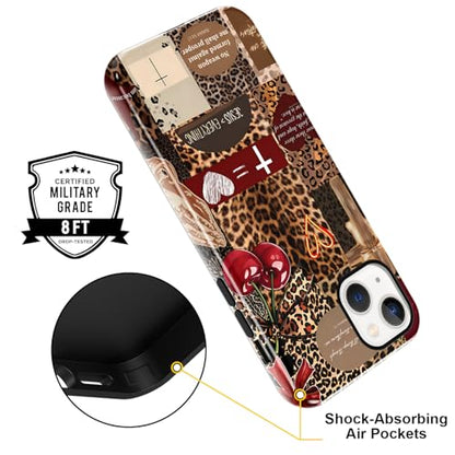 for iPhone 15 6.1'' Brown Cheetah Christian Phone Case - color: Red Cherry Leopard Collage, size: iPhone 15