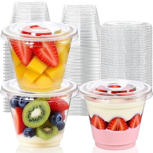 Cayxenful 50 Packs 9oz Disposable Dessert Cups with Lids No Hole, Clear Plastic Cups with Lids for Ice Cream, Cake, Snacks, Fruit, Cold Drinks, Smoothie, Pudding, Salad