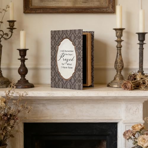 PARISLOFT Vintage Wooden Book-Shaped Memory Box with Fabric Cover, Printed I Still Remember the Days I Prayed for What I Have Now - Inspirational Keepsake Storage Box, Unique Home Decor Gift - color: I Still Remember the Days, size: 9.87"L x 6.75"W x 2.5"