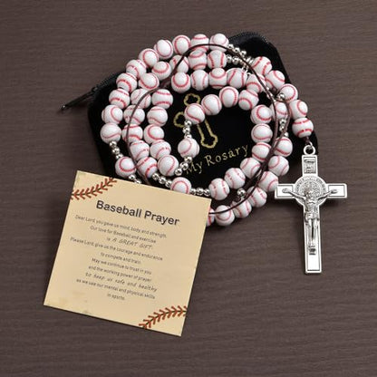 Basketball Bead Sports Necklace Catholic Rosary with Crucifix Cross Pendant Baptism Birthday Gift for Men Boys in Customized Velvet Bag - color: white