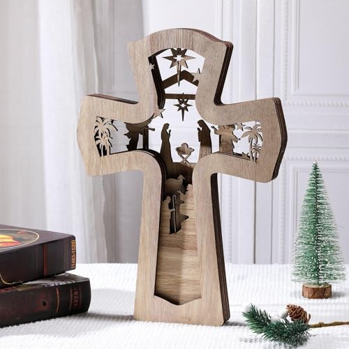 Bucherry Wooden Nativity Scene Christmas Tabletop Ornament,Cross - style: Cross