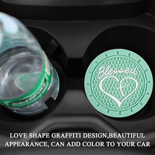 KVAEY 2 PCS Car Cup Holder Coasters, 2.76 Inch Anti Slip Vehicle Drink Mats with Cute Blessed Cross and Heart, Shockproof, Universal Car Accessories (Light Green, 2 PCS) - color: Light Green, size: 2 PCS