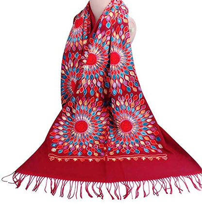 Urban CoCo Embroidered Scarf for Women, Tassel Shawl, Soft Lightweight Wrap - color: Red