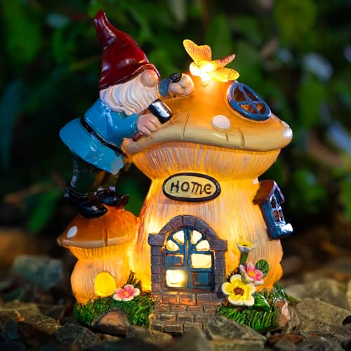 Garden Gnome Statues Figurine Lights - Solar Powered Lighting Outdoor Decorations, Gnome Build Mushroom Fairy House, Yard Art Lawn Ornaments for Porch Patio Balcony - Gnome Gifts for Women Mom - color: Build Mushroom