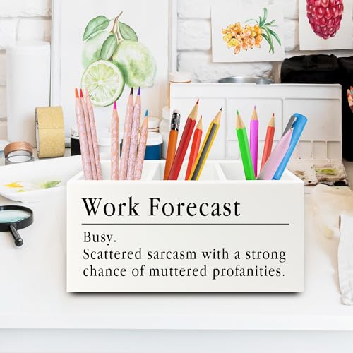 Funny Pen Pencil Holder Organizer for Desk, Funny Coworkers Gifts for Women, Office Humor Gifts, Work Forecast Wooden Box Sign for Home Office Desk Tabletop Decorations - color: colour27