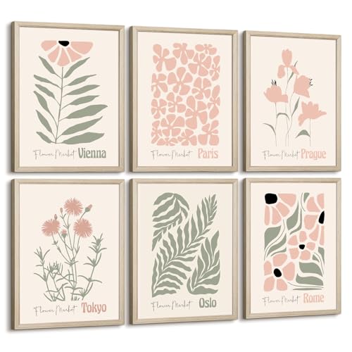 Baccone Boho Botanical Wall Art Prints Blush Pink Canvas Wall Decor Flower Market Wall Art Poster Abstract Aesthetic Pictures Pink Floral Artwork for Room Bedroom Set of 6 12x16 Inch Framed - color: Boho Botanical Flower Prints, size: 12x16 Inch Framed