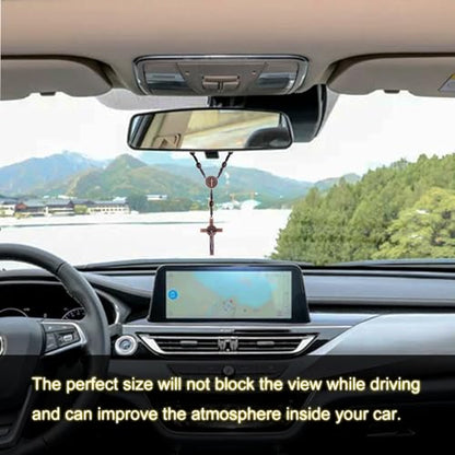 KOMI 2 PCS Wood Rosary Beads for Car Rearview Mirror, Handmade Wooden Rosary with St Benedict Medal and Crucifix Cross Car Rosaries Catholic Gifts - size: 2 pieces Wood