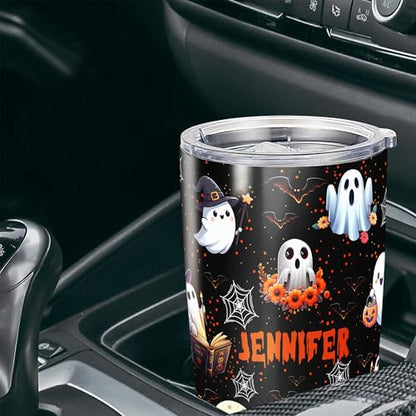 Personalized Ghost Halloween Tumbler Custom Name Boo Travel Mug Coffee Insulated Cup with Lid Stainless Steel 20Oz 30Oz Gifts for Women Girls Spooky Season - color: Halloween 568