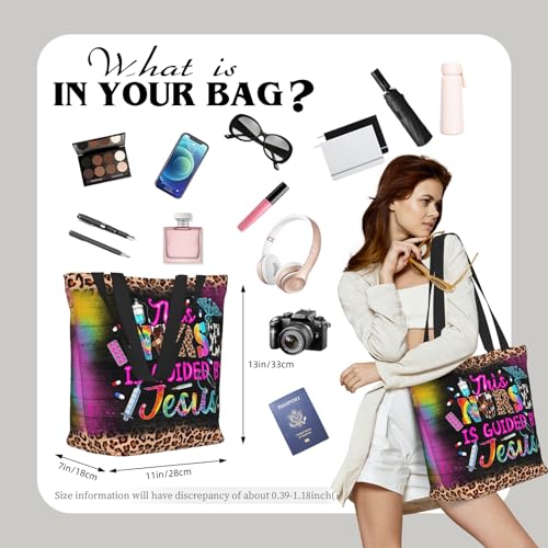 Bible Tote Bags for Women Christian Tote Bag Church Shoulder Bag Inspirational Bags With Zipper Christian Gift - color: This Nurse is Guided By Jesus
