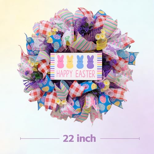 TEMPUS 22" Happy Easter Wreath for Front Door - Colorful Mesh Ribbon Door Hanger with Wooden Sign & Yellow Daisies - Vibrant Spring Porch Decor - color: Multicolor