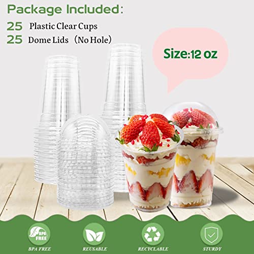 Artpreti 25 Sets 12 oz Clear Plastic Parfait Cups with Dome Lids(NO HOLE) - Disposable Dessert Cups with Lids for Dips Snacks and Fruit Yogurt Smoothie Iced Cold Drinks, No Leaking - size: 12 oz - Dome Lid