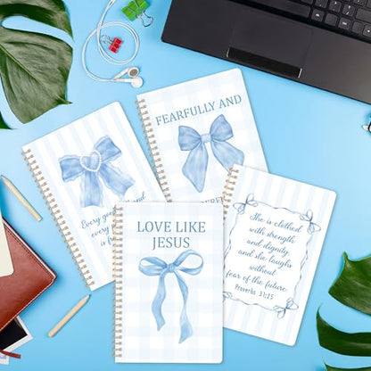 CNhoqc Blue Coquette Spiral Notebook, 4 Pcs Inspirational Bible Verse Bow