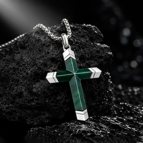Lapis Lazuli/Amethyst Cross Necklace for Men Waterproof and Sweat-Resistant Suitable for both men and women With Adjustable Box Chain Christian Jewelry Father Day Gifts for Men - color: Green&Silver