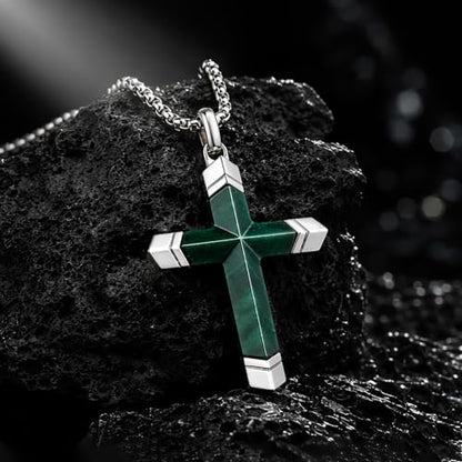 Lapis Lazuli/Amethyst Cross Necklace for Men Waterproof and Sweat-Resistant Suitable for both men and women With Adjustable Box Chain Christian Jewelry Father Day Gifts for Men - color: Green&Silver