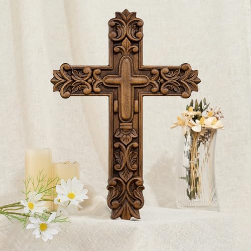 Handcrafted Wooden Wall Cross with Ornate Lily Flower Carved Design - size: 10"L x 7"W