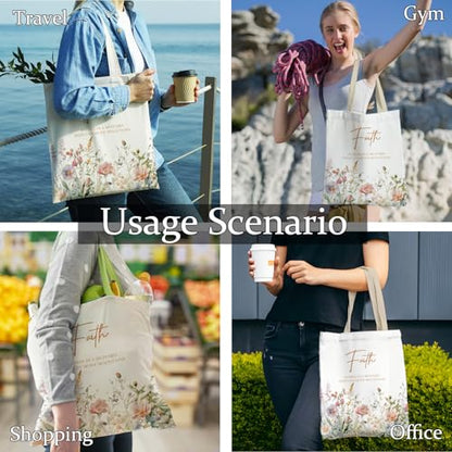 Christian Floral Tote Bag, Faith of a Mustard Seed Matthew 17:20 Bible Verse Canvas Tote Bags, Christian Gifts for Women, Wildflower Religious Reusable Grocery Shopping Bag