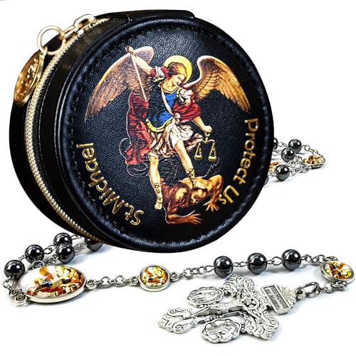 St. Michael the Archangel Catholic Rosary Necklace for Men, 8MM Black Hematite Prayer Beads Packed in Travel Jewelry Box, Rosary Beads Catholic Saints Gifts for Men - color: Hematite