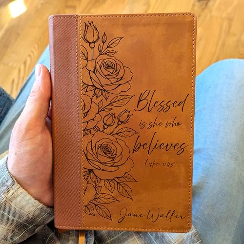 Personalized NIV Personal Size Bible – Large Print Brown Leathersoft Faux Leather | Custom Name Engraved | Red Letter Comfort Print Edition with Ribbon Markers & Portable Design (Brown Rose Blessed is She)