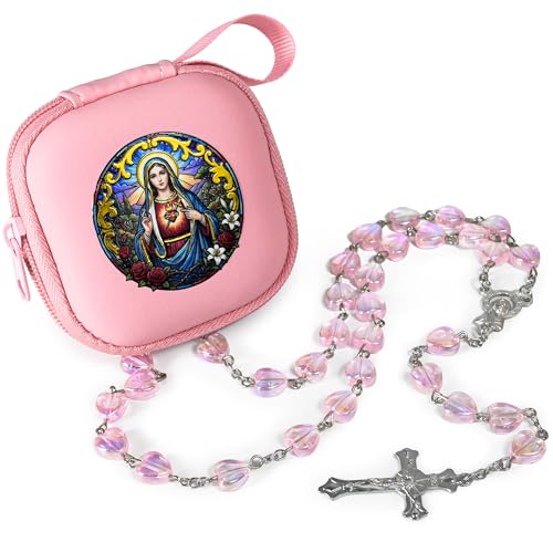 Handmade Rosary Beads for Women, Elegant Catholic Gifts for First Communion, Confirmation & Spiritual Prayer, Unique Beaded Rosary Necklace with Zippered Case - color: Pink - Immaculate Heart of Mary
