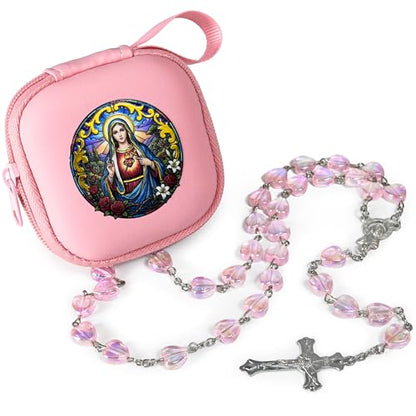 Handmade Rosary Beads for Women, Elegant Catholic Gifts for First Communion, Confirmation & Spiritual Prayer, Unique Beaded Rosary Necklace with Zippered Case - color: Pink - Immaculate Heart of Mary