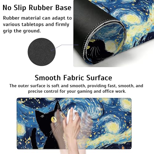 Large Gaming Mouse Pad Blue Starry Night Black Cat Desk Mat,Non-Slip Rubber Base Stitched Edges,Extended Mousepad for PC,Laptop,Office,Home Decor(31.5 x 11.8 Inch) - color: Blue Starry Night Black Cat, size: 31.5L x 11.8W inches