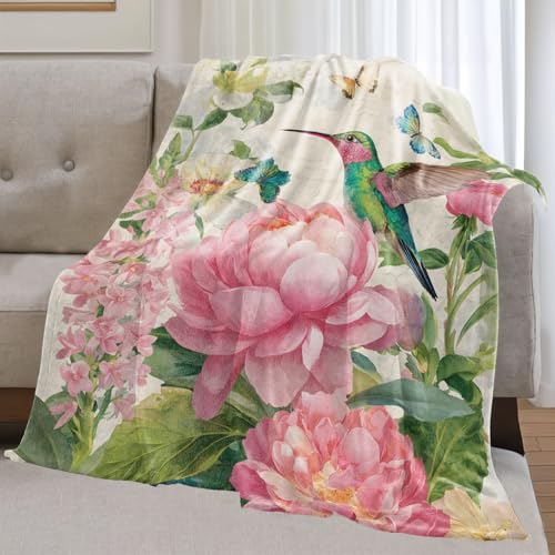 Colorful Hummingbird Flannel Blanket Gifts for Nature Lover,60x50inch,Pink Floral Butterfly Garden Throw Blankets with Vintage Script,for Bedroom,Sofa,Living Room,Camping Home Decor Throws - color: Hummingbird, size: 60x50 Inch