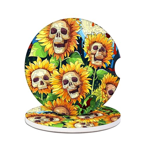 Sunflower Skull Cup Holders Car Coasters - Halloween Absorbent Ceramic Coaster, Drink Cup Holder Coasters, Auto Accessories for Women & Men, Pack of 2 - color: Sunflower Skull