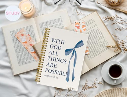 Navy Blue Bible Journal for Women, A5 Spiral Christian Notebook & Study Supplies, Cute Hardcover Coquette Bow Diary with Scripture Matthew 19:26 for Church Notes, Prayer & Teen Girls.5.5 x 8.3 Inch - color: (Navy Blue) Matthew 19:26