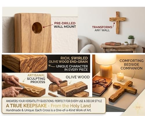 Wall Cross, Wooden Crosses from Bethlehem, Holy Land. Olive Wood Crucifix. Hanging Home Decor. Religious Gift for Godparents, Grandchildren, Kids Room Cross, New House, Christmas and Easter Gifts, - size: 6.5"L x 4"W