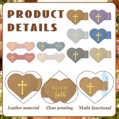 Resurhang 10 Pcs Magnetic Bible Bookmarks Heart Leather Cross Pen Clip