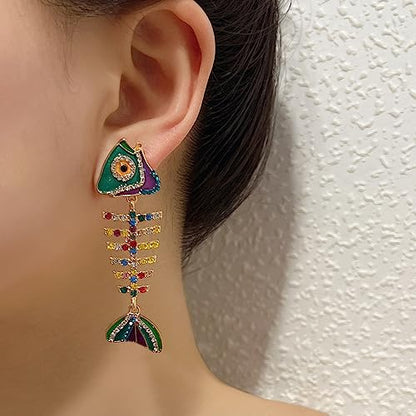 Fish Bone Earrings Drip Oil Animal Earrings Colorful Crystal Sparkly Enamel Earrings Creative Long Fishbone Earstud Dangle Fish Drop Earrings Jewelry for Women - color: Colours