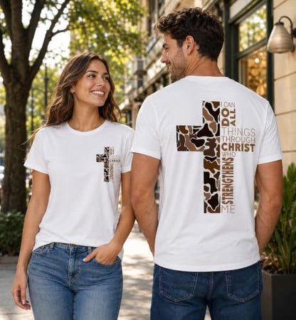 Christian Shirts for Men I Can Do All Things Through Christ Cross T-Shirt - color: White, size: XX-Large