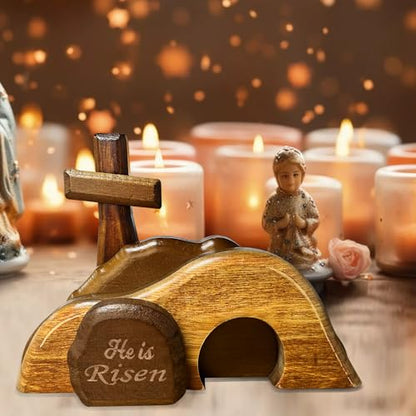 Easter Scene Wooden Decorations - Empty Tomb Resurrection Scene and Cross Decor - Jesus Christian Religious Tomb Signs Tiered Tray Decoration for the Home Table Office - style: Classic