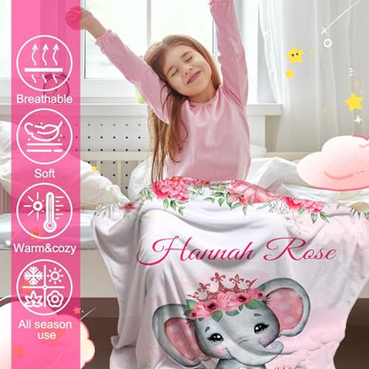 Personalized Baby Elephant Blanket for Girls with Name - color: Pink Elephant