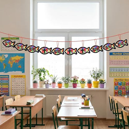 Renbuzhu 48PCS Sunday School VBS Crafts Bulk: Paper Jesus Fish Nativity Suncatchers, Religious Christian Activity DIY Kits Church Decorations, Window Stained Glass Effect Art Supplies - style: jesus fish