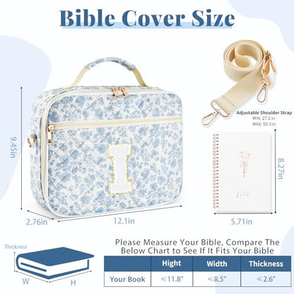 Personalized Initial Bible Cover Case for Women Bible Bag w/Study Supplies - color: Blue Flower, size: I