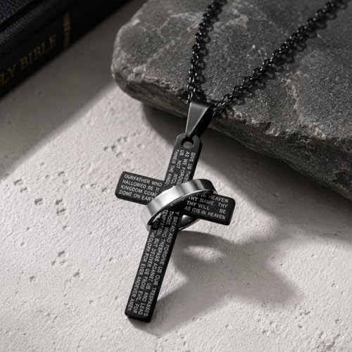 Lord's Prayer Engraved Cross Pendant Necklace with Ring Stainless Steel Religious Jewelry for Men and Women, Faith-Inspired Gift - color: Black