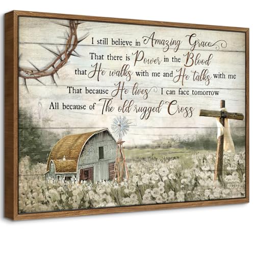 PDSBFZSUHGS Christian Wall Art 12 x 16 In Framed Canvas Print Bible Verses Paintings Barn Windmill Cross Canvas Vintage Hymn Prayer Decor I Still Believe In Amazing Grace For Bedroom or Dining room - color: Brown, size: 16"L x 12"W