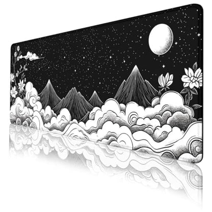 Moon Mountain Gaming Mouse Pad Black White Landscape Zen Mountain Mousepad Extended Large Laptop Keyboard Non-Slip Rubber Base with Stitched Edges 31.5x11.8 Inch - color: Moon Mountain, size: 31.5" x 11.8"