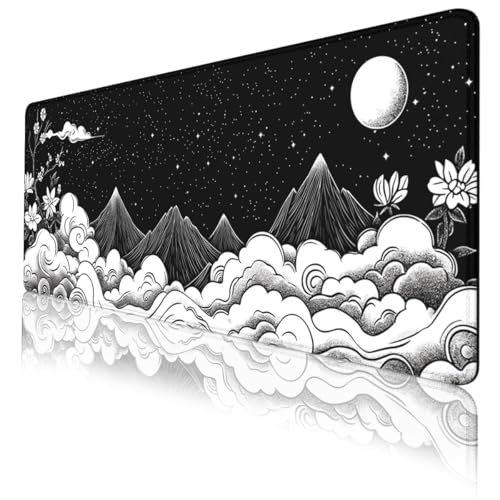 Moon Mountain Gaming Mouse Pad Black White Landscape Zen Mountain Mousepad Extended Large Laptop Keyboard Non-Slip Rubber Base with Stitched Edges 31.5x11.8 Inch - color: Moon Mountain, size: 31.5" x 11.8"